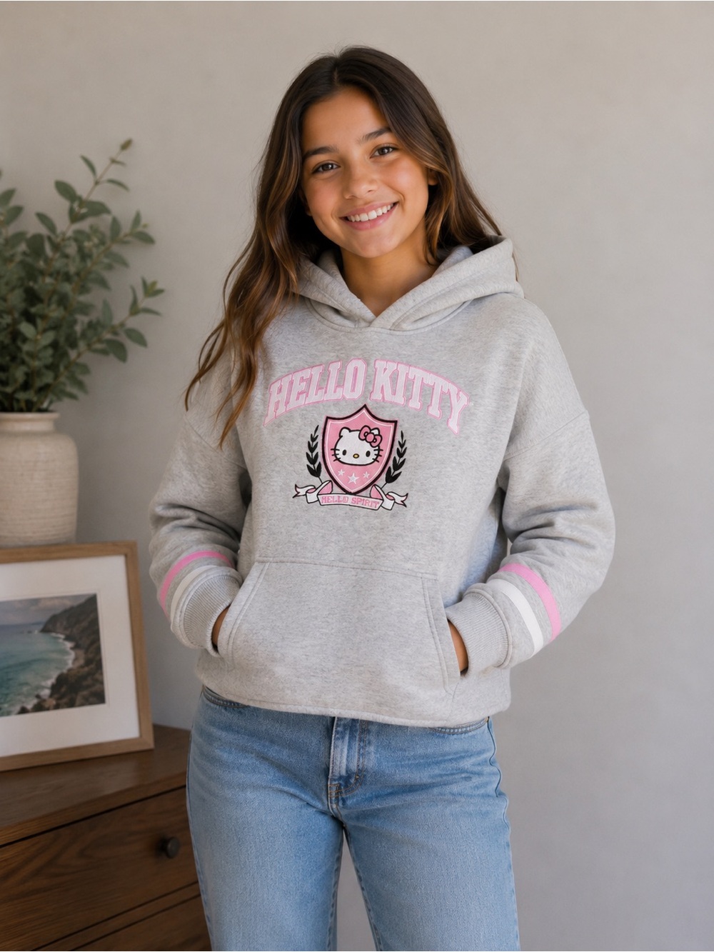 Forever 21 Kids Grey Hello Kitty Hooded Sweatshirt with Pink Accents
